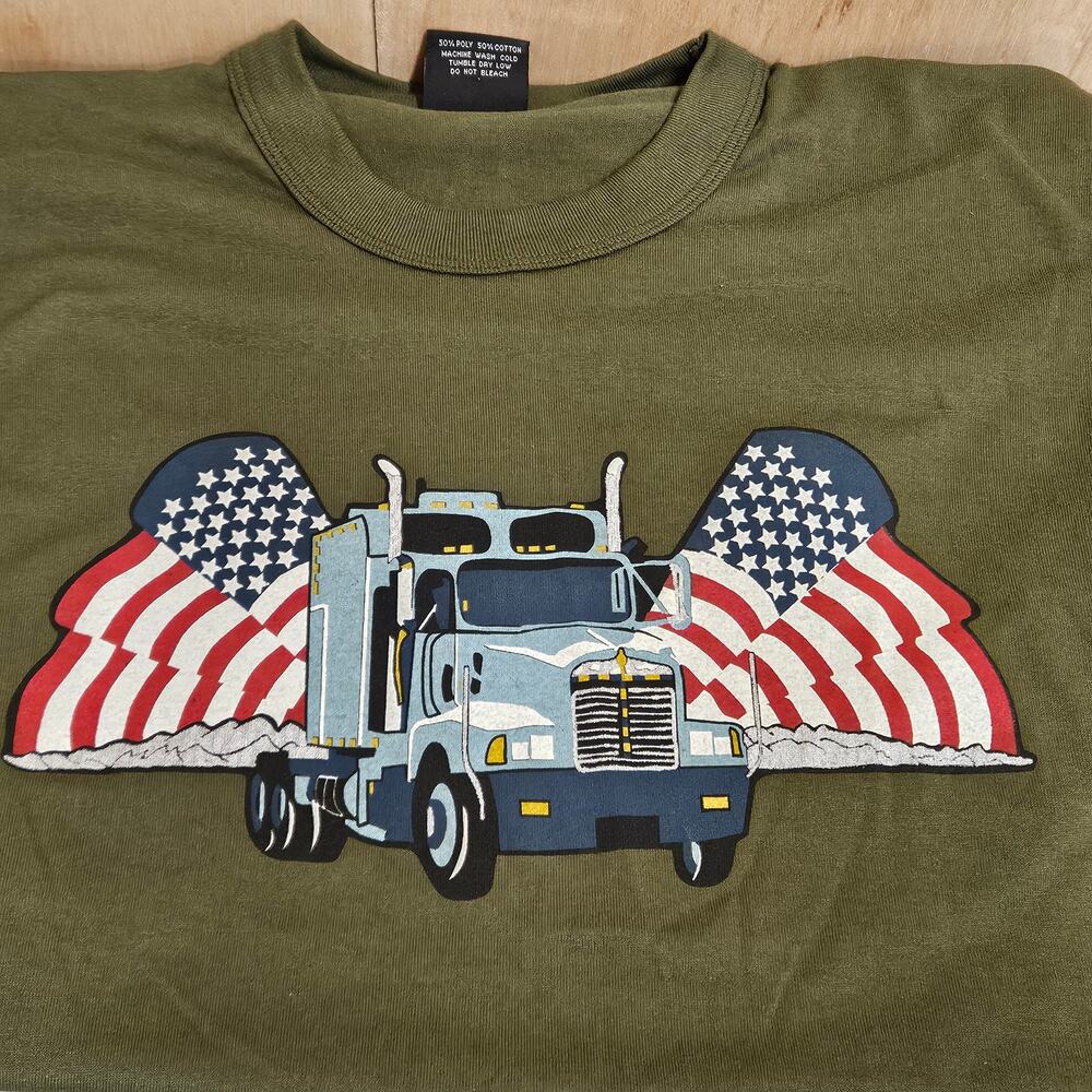 Green Rothco Semi Truck American Flag‎ Graphic Print T-Shirt Made In USA Size L - Picture 3 of 5